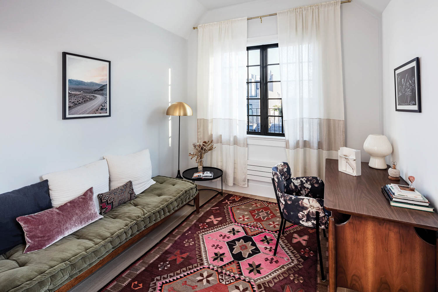 vintage desk and Turkish rug in a home office