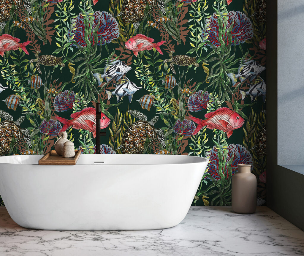 a bathtub with a floral wallpaper and a wooden handle