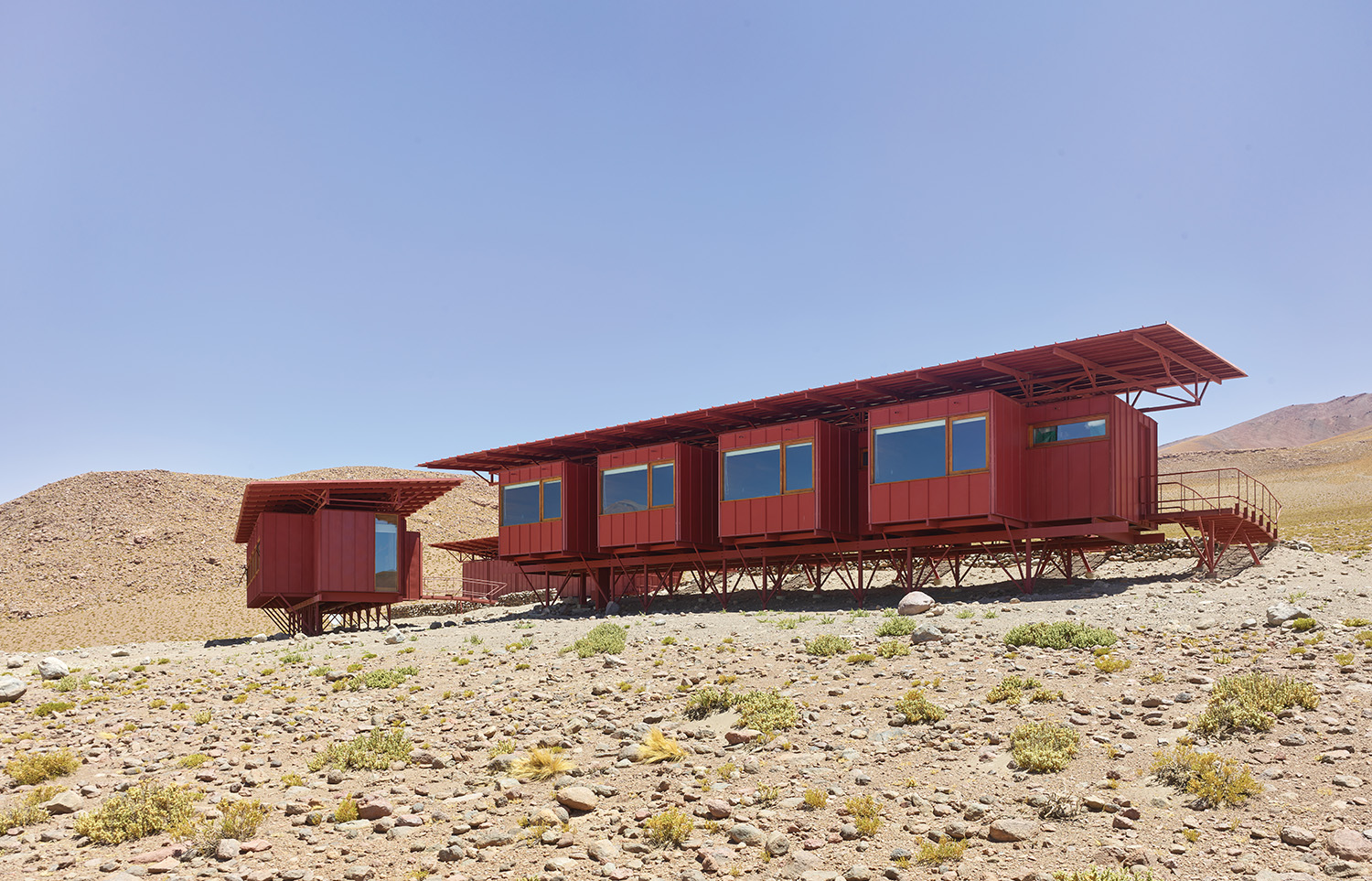 A red train car