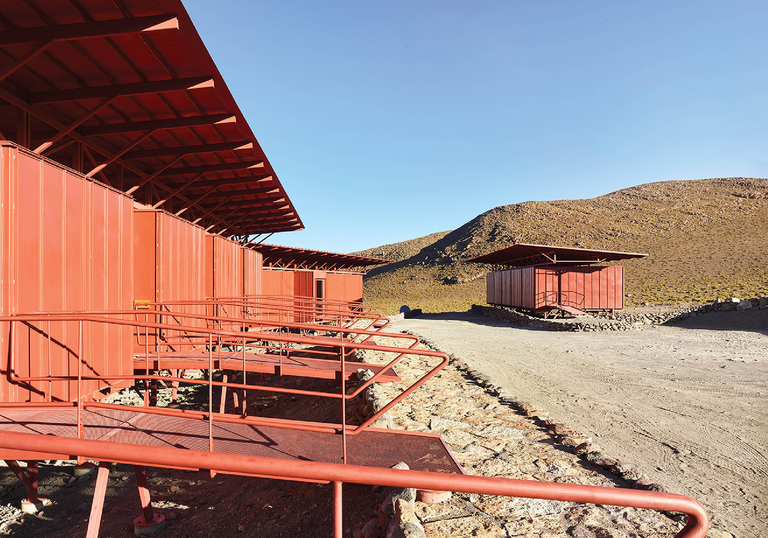 A red metal fence