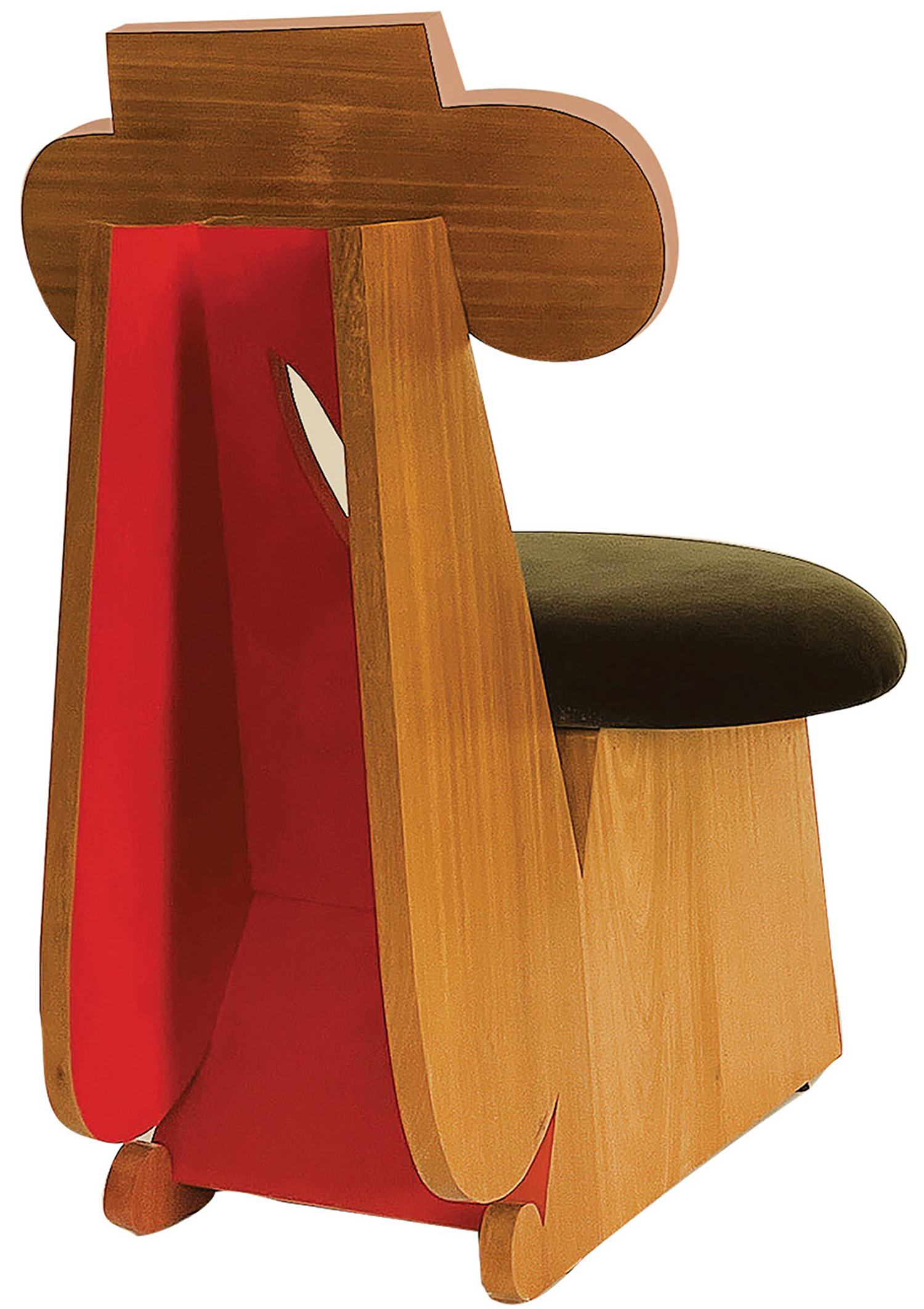 A wooden chair with a red seat and a black cushion