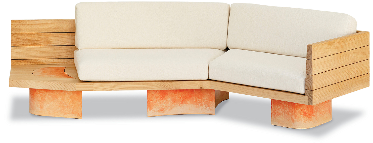 A wooden couch with a white cushion