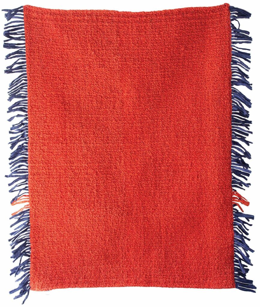 a red and blue throw with fringes