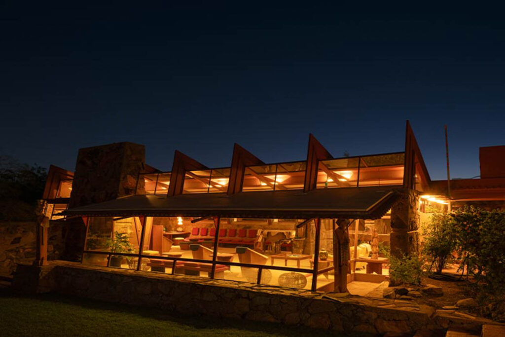 exterior of taliesin west lit up