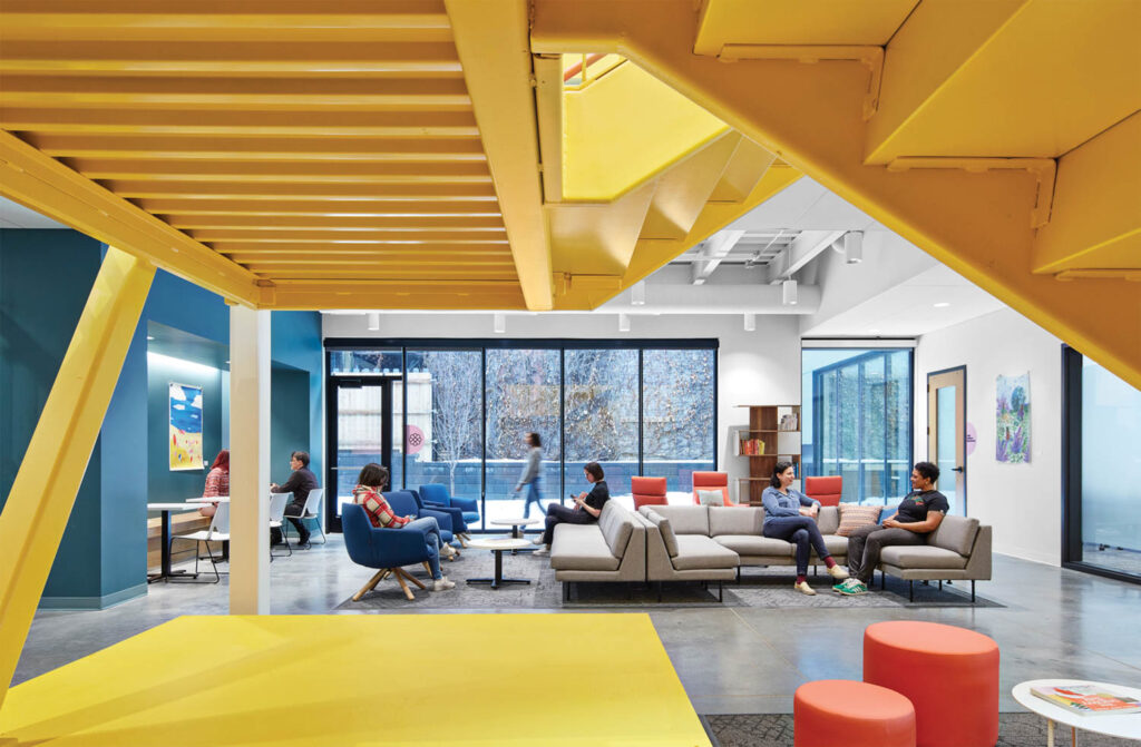 A reception area near the yellow staircase in Family Tree clinic