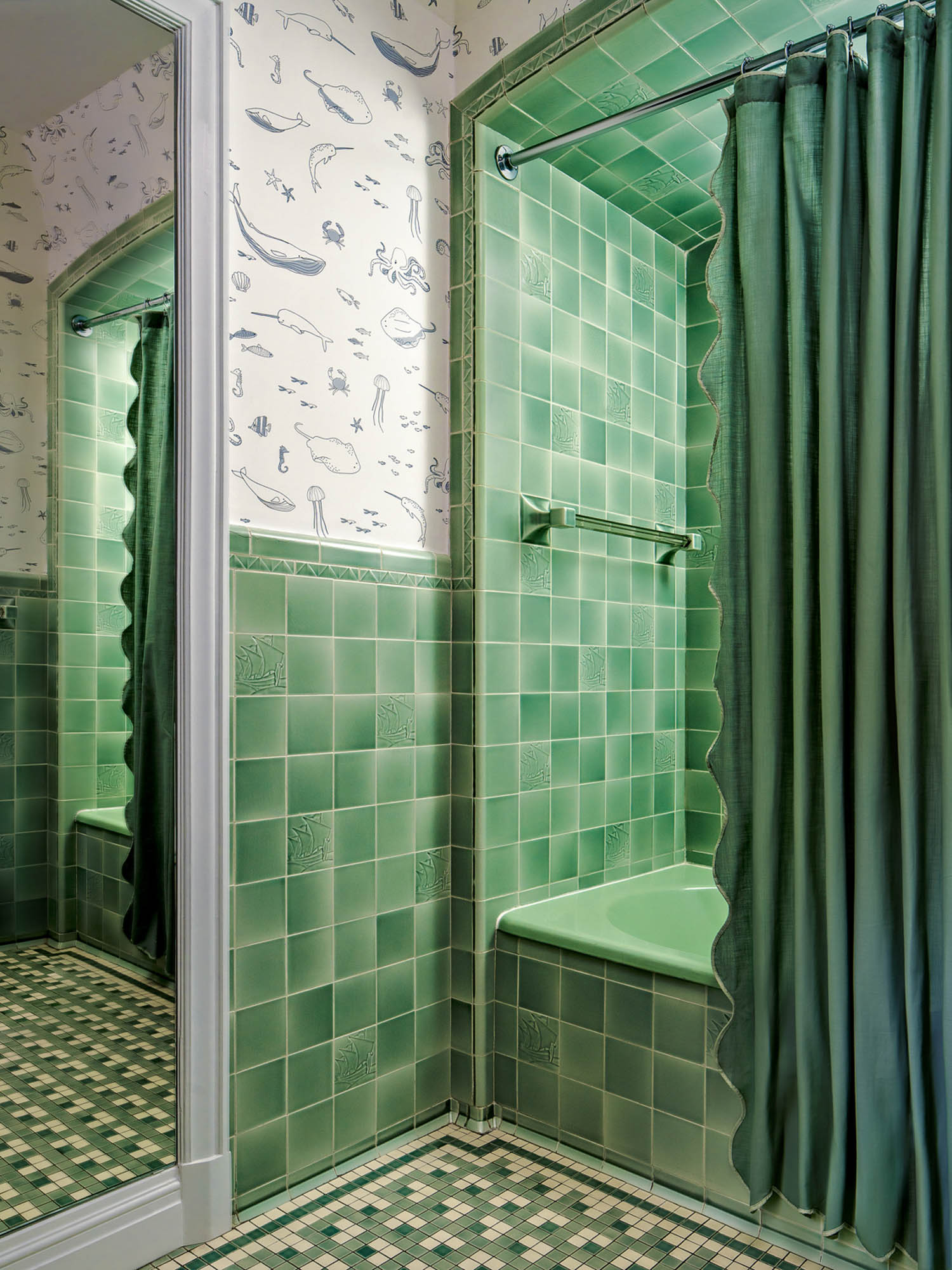 green tiled shower