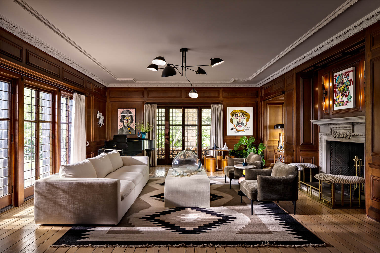 living room with wood paneled walls