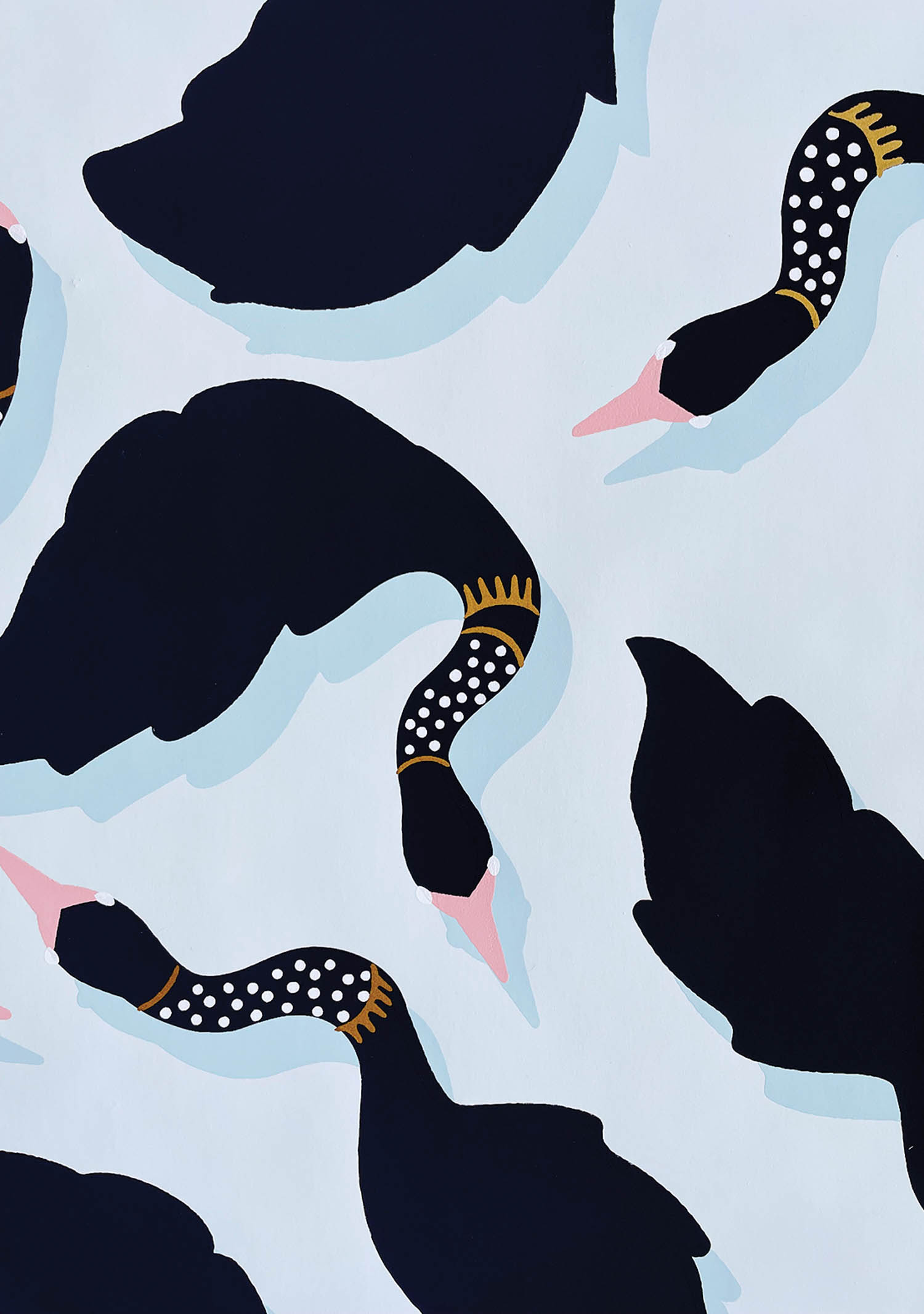 blue wallpaper with black swans