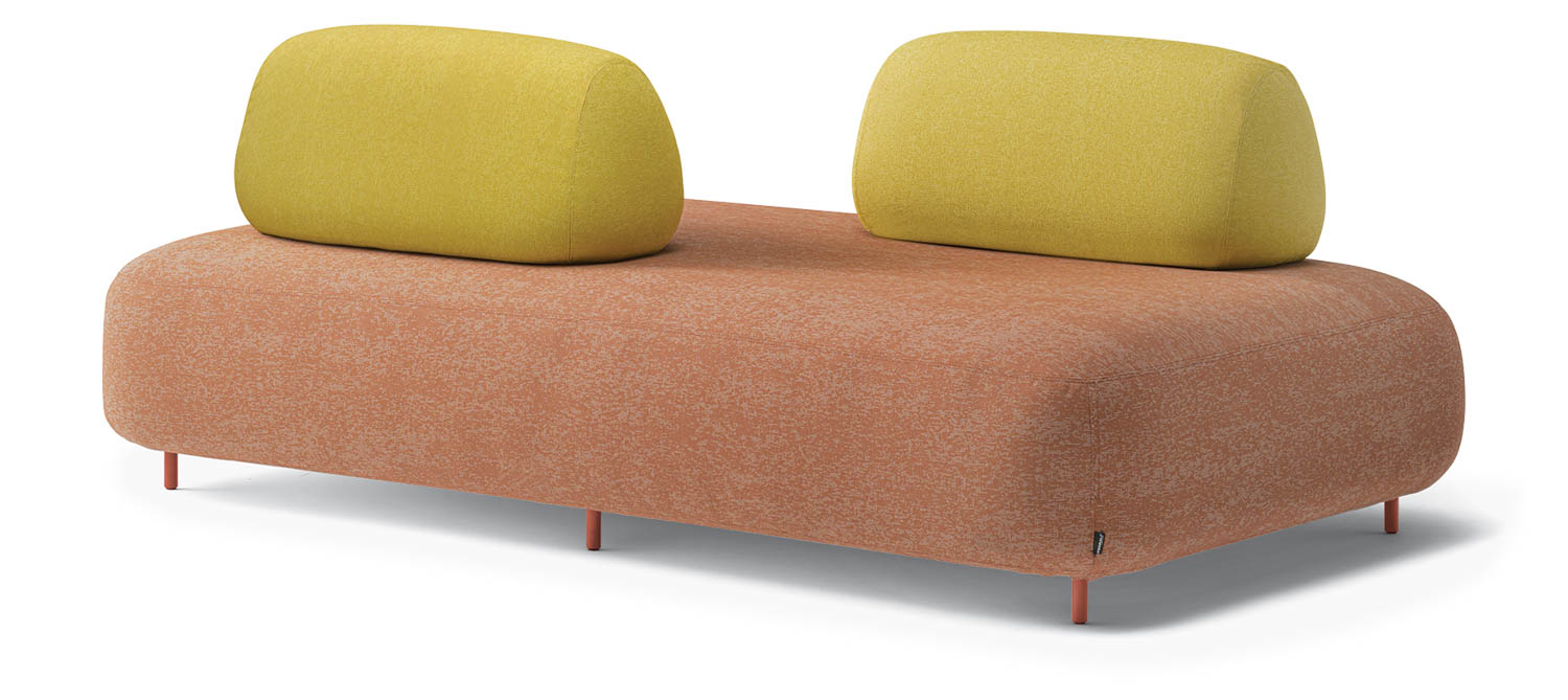 orange sofa with neon yellow cushions