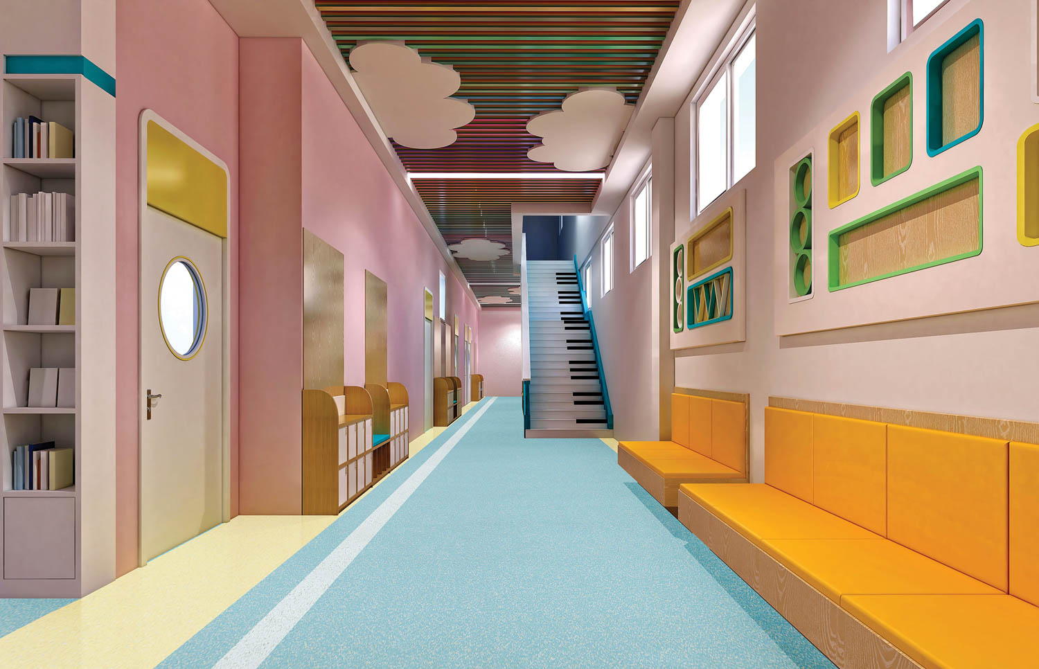 pink room with pastel blue stairs that look like a piano, benches and cloud ceiling