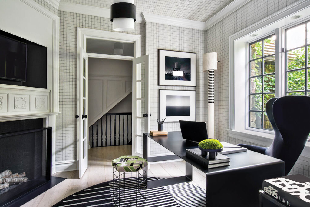 the home office features black and white accents