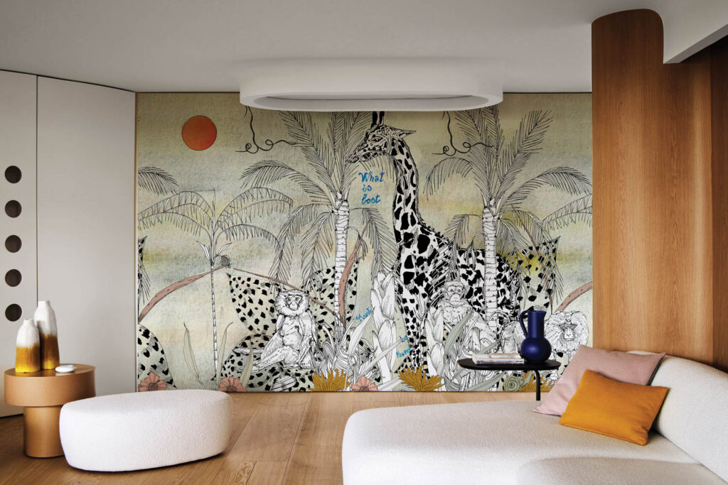 bedroom with jungle inspired wallcovering