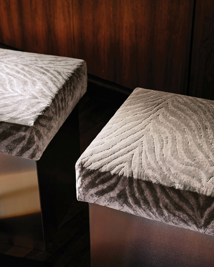 square stools with grey tiger striped fabric