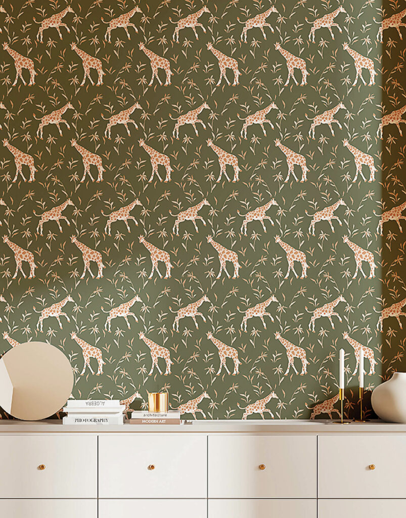 olive green wallcovering with giraffes