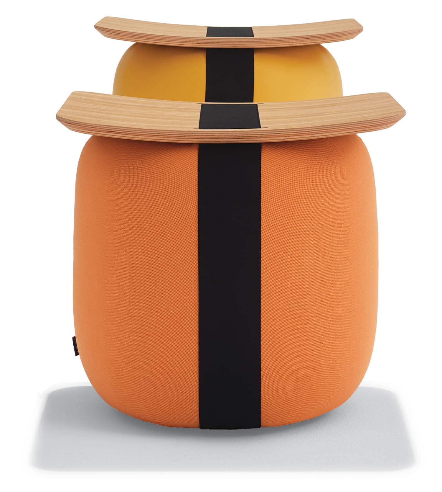 orange and yellow ottomans with a wooden seat, resembling onigiri