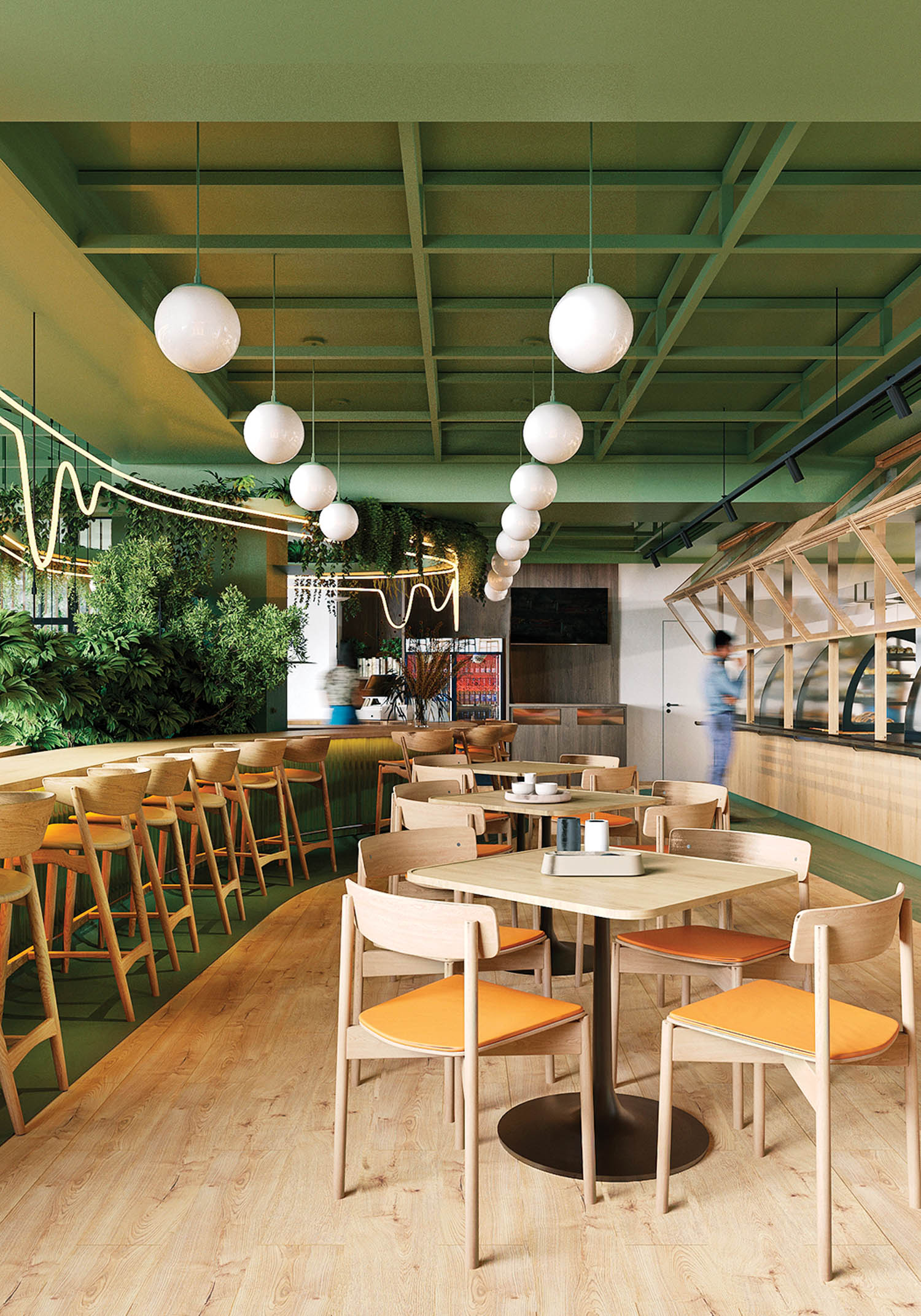 dining area with dark green ceiling and orb chandeliers