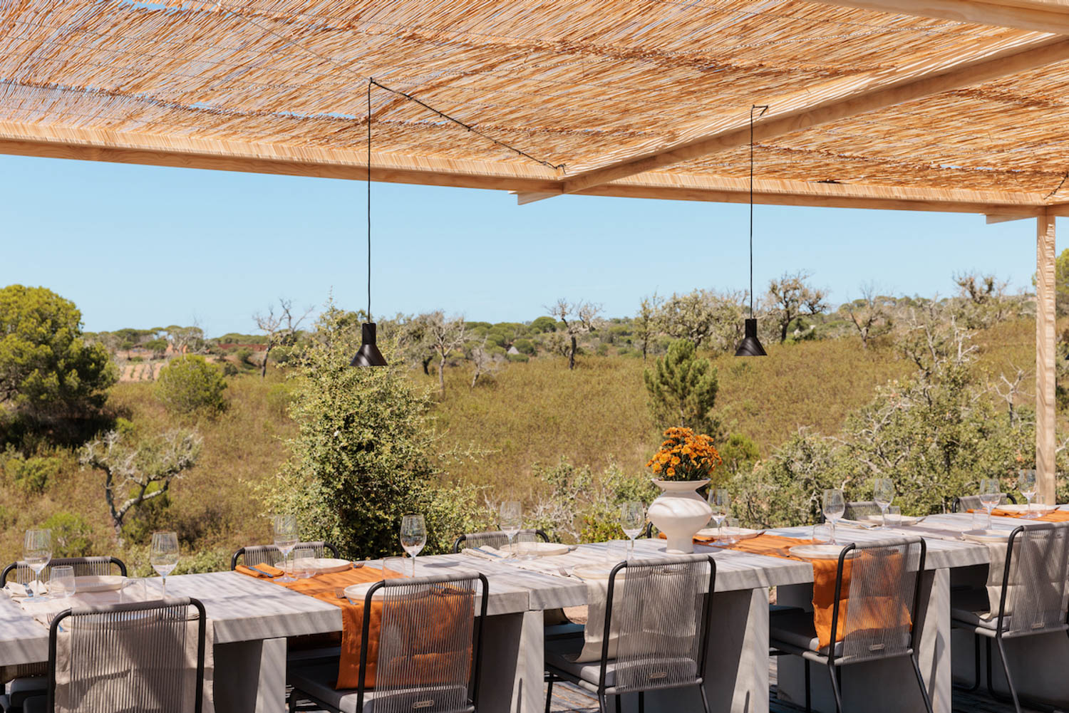 alfresco dining area with long table and a view of the outdoors