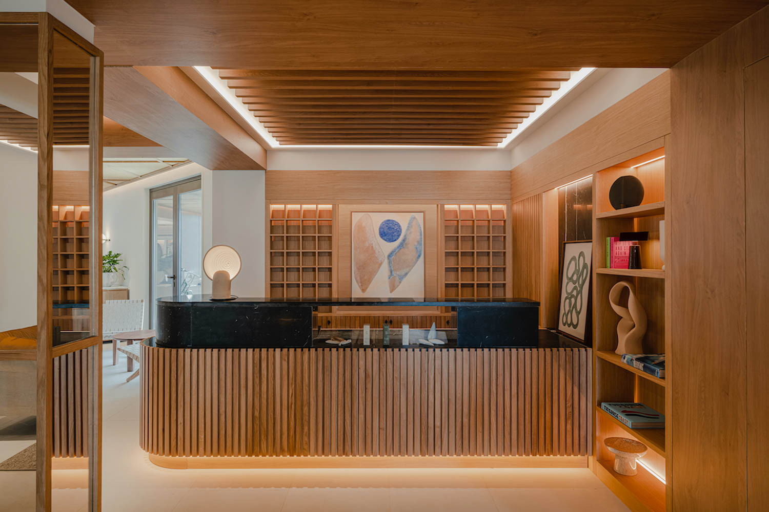 reception area of a spa inside this hotel with wooden slats